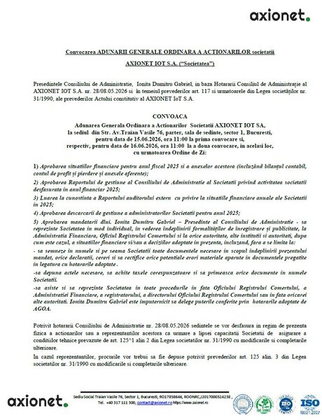 Convocarea Adunarii Generale Ordinara a Actionarilor societatii AXIONET IOT
