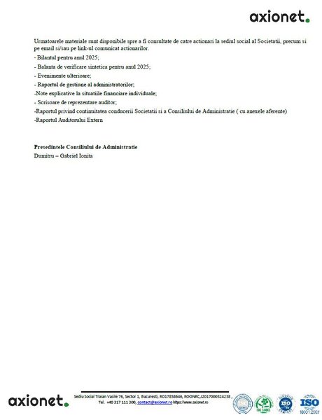 Convocarea Adunarii Generale Ordinara a Actionarilor societatii AXIONET IOT